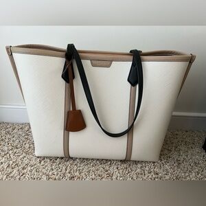 Tory Burch Perry Colorblock Leather Tote White Tan Black